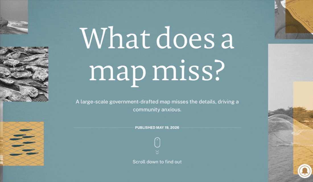 Opening screen of “What does a map miss?”, over a coastal zoning map.