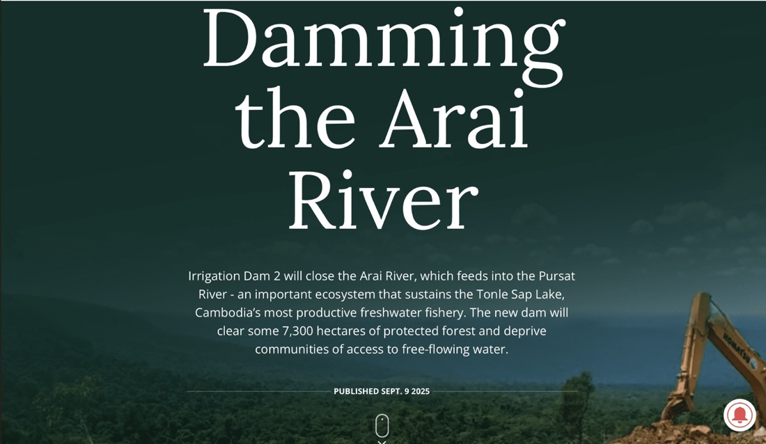 Opening screen of “Damming the Arai River”, over a river landscape.