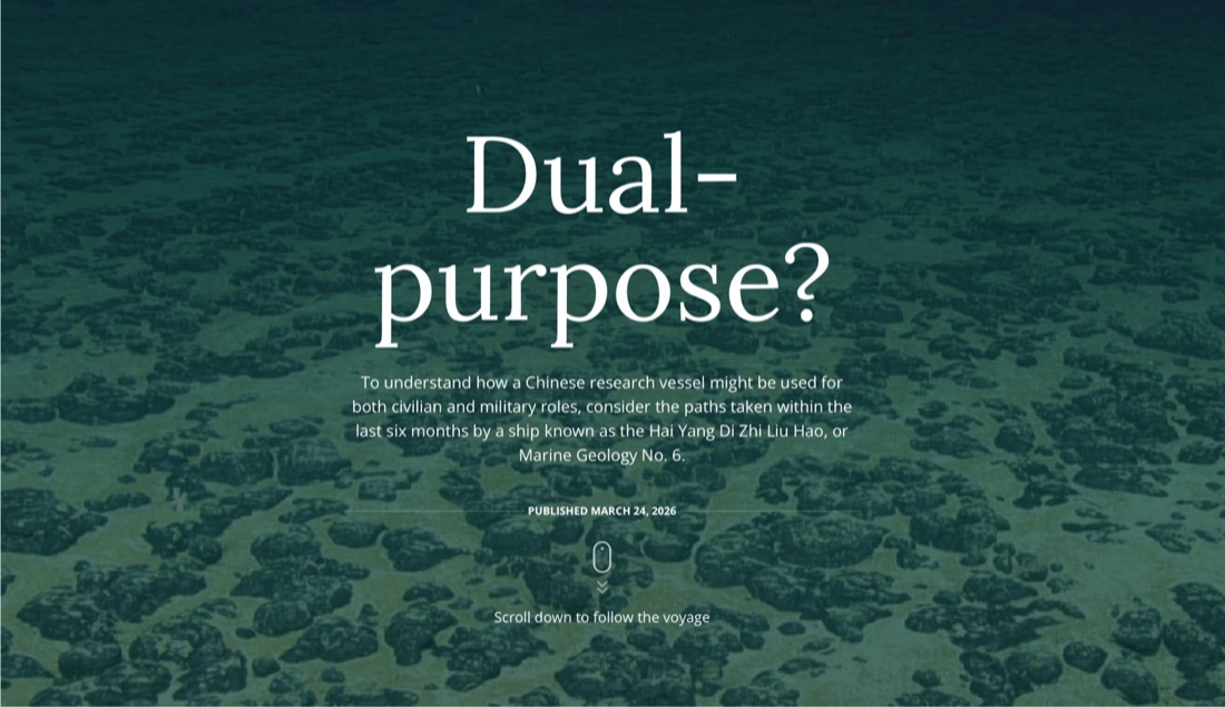 Opening screen of “Dual-purpose?”, over a photograph of the seabed.