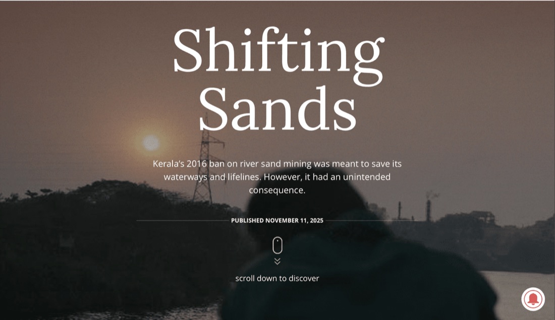 Opening screen of “Shifting Sands”, over an aerial view of a quarry.