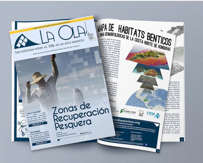 An open magazine , with a person in a white coat and wide-brimmed hat on the cover, another page featuring a colorful topographic map of the northern coast of Honduras. 