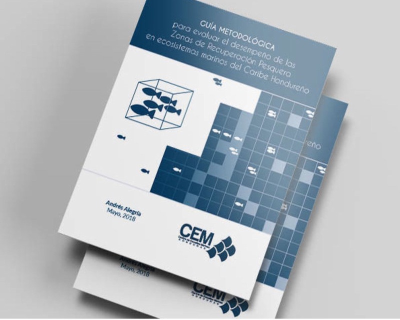 Brochure titled 'Guia Metodologica para evaluar el desarrollo de las zonas de recuperación pesquera en ecosistemas marinos del Caribe Hondureño'.