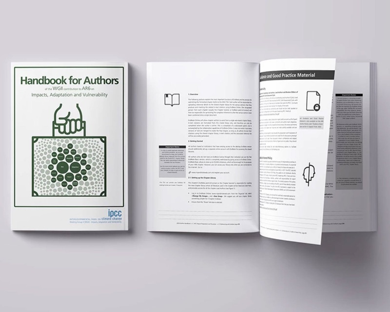 A handbook titled 'Handbook for Authors' has a graphic of a hand holding a leaf with a circular patterned background, and features the logos of IPCC and the Intergovernmental Panel on Climate Change.