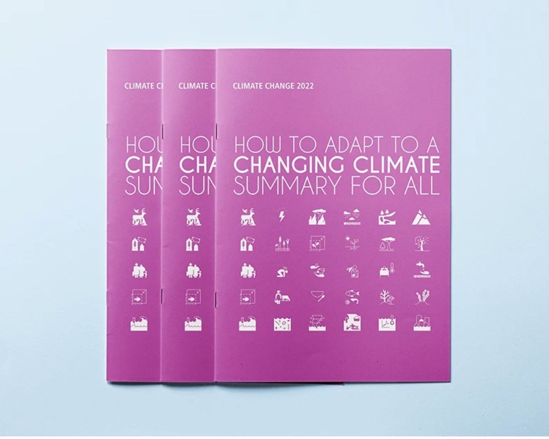 Three pink booklets titled "How to Adapt to a Changing Climate: Summary for All" with icons related to climate change on the cover.