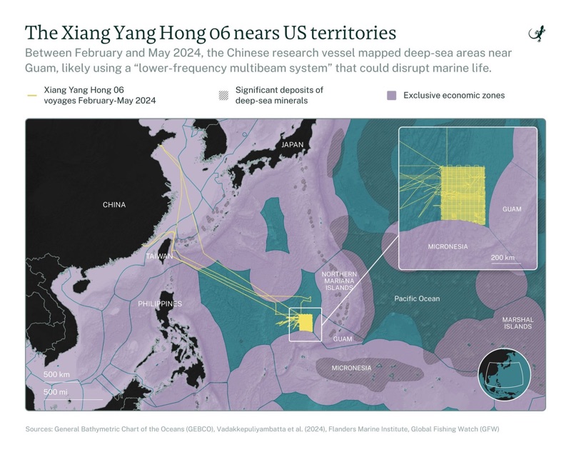 Map of the western Pacific showing the track of the Chinese research vessel Xiang Yang Hong 06 as it nears US territories, including Guam.