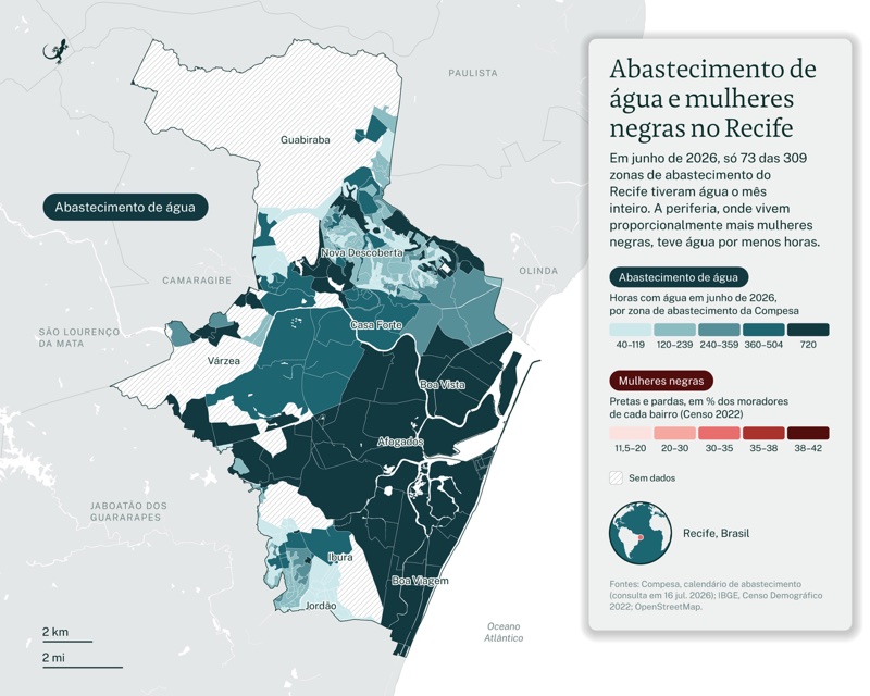 Map of Recife showing how many hours each water supply zone had water in June 2026, from 40–119 hours in the lightest blue to the full 720 hours in the darkest.