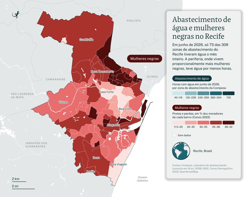 Map of Recife showing Black and brown women as a share of each neighborhood's residents in the 2022 Census, from 11.5–20% in the lightest red to 38–42% in the darkest.