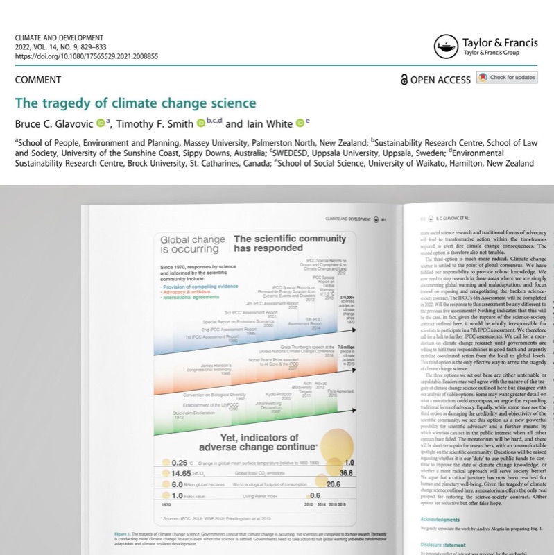 Page from academic journal titled 'The tragedy of climate change science' with a graph showing responses by science to climate change since 1970, and indicators of adverse change.