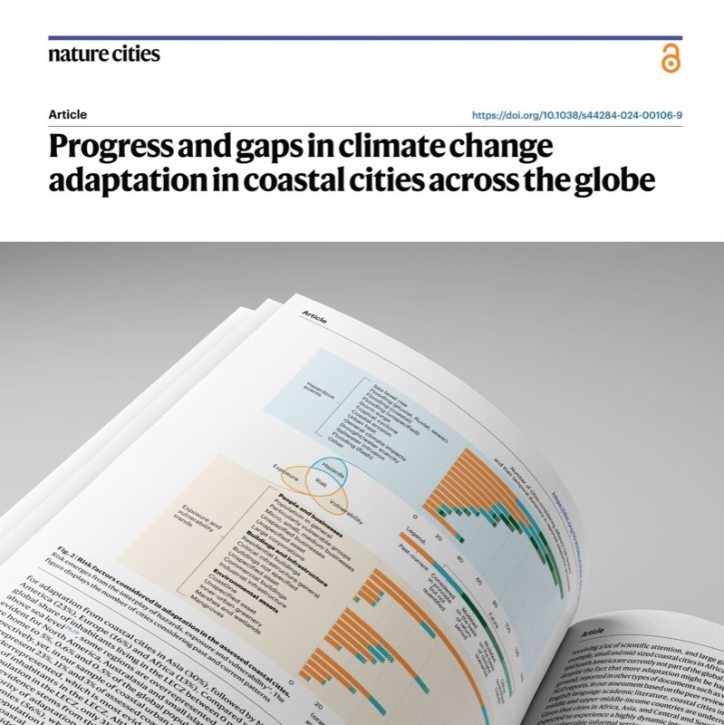 Open magazine or journal page titled "Progress and gaps in climate change adaptation in coastal cities across the globe" with charts and graphs about climate risks and vulnerabilities.