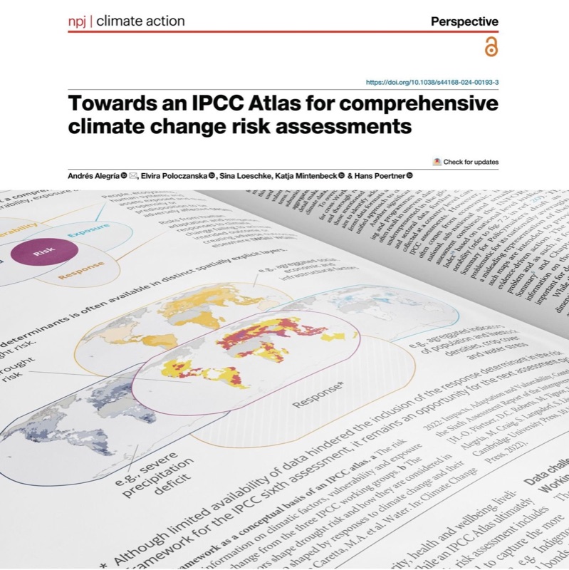 Scientific article titled 'Towards an IPCC Atlas for comprehensive climate change risk assessments' with maps and diagrams about climate risk, exposure, and response, and authors listed below the title.